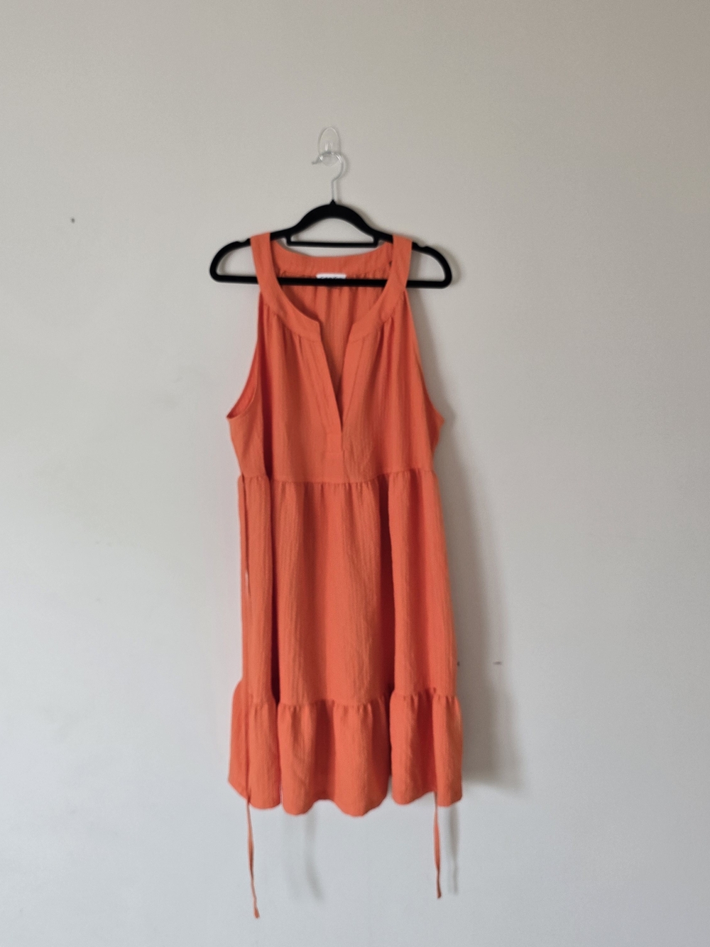 Calvin Klein Orange V-Neck Sleeveless Tie Waist Ruffle A-Line Knee Dress Size 16